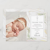 Taufe Christening Greenery Marble Swirl Foto Dankeskarte (Vorne/Hinten)