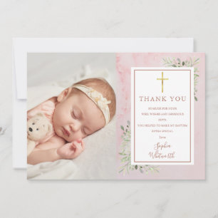 Taufe Christening Greenery Pink Marble Foto Dankeskarte