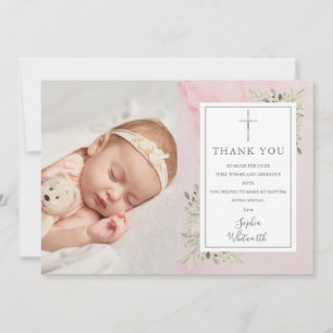 Taufe Christening Greenery Pink Marble Foto Dankeskarte
