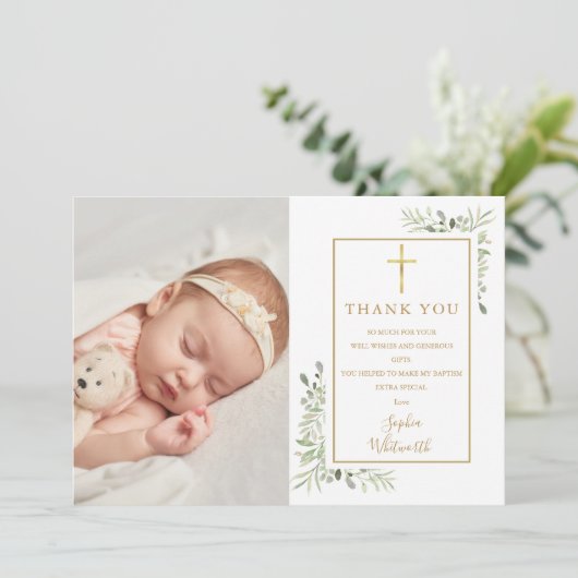 Taufe Christening Greenery Wasserfarbe 2 Foto Dankeskarte (Stehend Vorderseite)