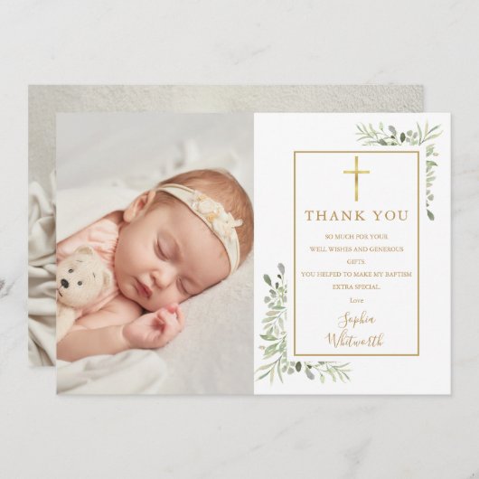 Taufe Christening Greenery Wasserfarbe 2 Foto Dankeskarte (Vorne/Hinten)