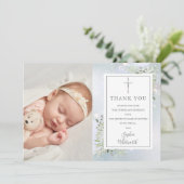 Taufe Christening Greenery Winter Foto Dankeskarte (Stehend Vorderseite)