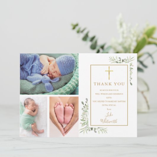 Taufe Christening Grüne 3 Foto Dankeskarte (Stehend Vorderseite)