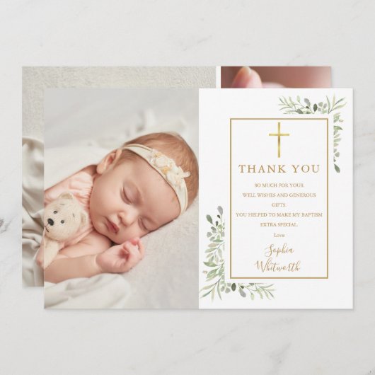 Taufe Christening Grüne Foto Collage Dankeskarte (Vorne/Hinten)