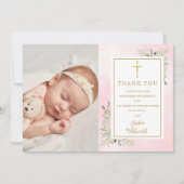 Taufe Christening Grüne Foto Pink Wasserfarbe Dankeskarte (Vorderseite)