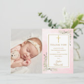 Taufe Christening Grüne Foto Pink Wasserfarbe Dankeskarte (Stehend Vorderseite)