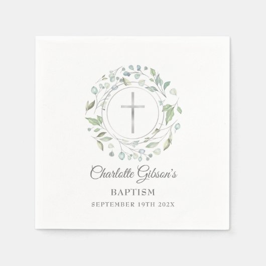 Taufe Christening Laurel Floral Silver Cross Serviette (Vorderseite)