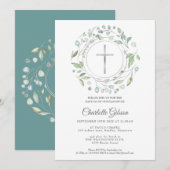 Taufe Christening Laurel Garland Silver Cross Einladung (Vorne/Hinten)