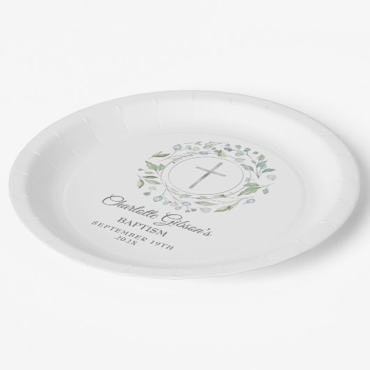 Taufe Christening Laurel Garland Silver Cross Pappteller (Schrägansicht)
