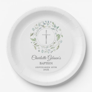 Taufe Christening Laurel Garland Silver Cross Pappteller