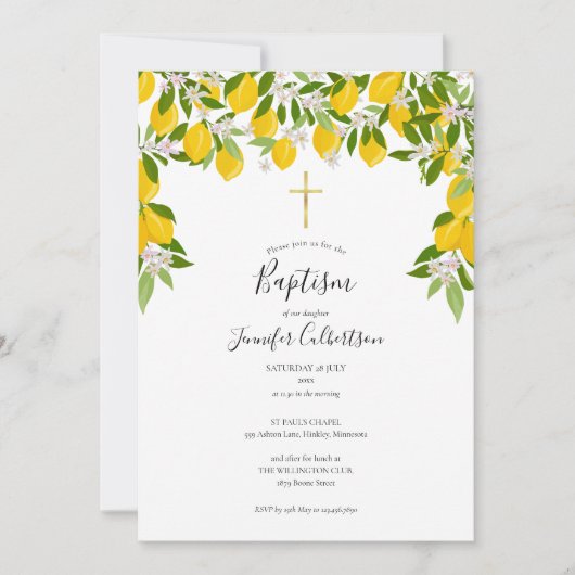 Taufe Christening Lemons floral Elegant Moderne Einladung (Vorderseite)