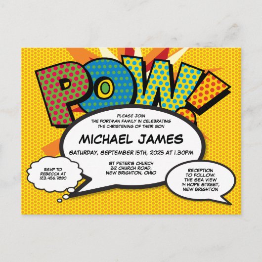 Taufe Christening Modern Fun Speech Bubbles Einladungspostkarte (Vorderseite)