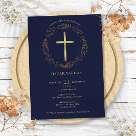 Taufe Christening Navy Blue Gold Cross Bloral Einladung