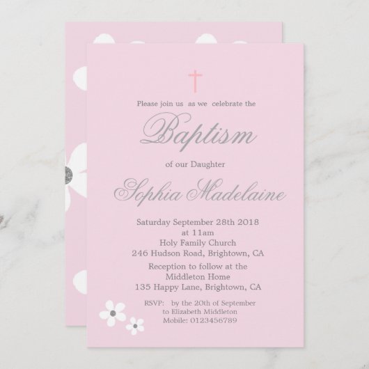 Taufe Christening Pink Daisy Silver Girl Einladung (Vorne/Hinten)