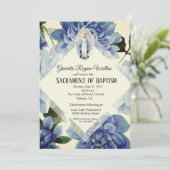 Taufe Christening Religious Blue Flowers Einladung (Stehend Vorderseite)