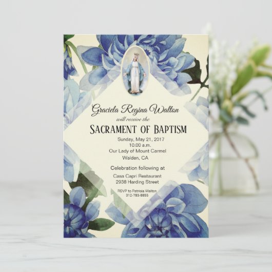 Taufe Christening Religious Blue Flowers Einladung (Stehend Vorderseite)