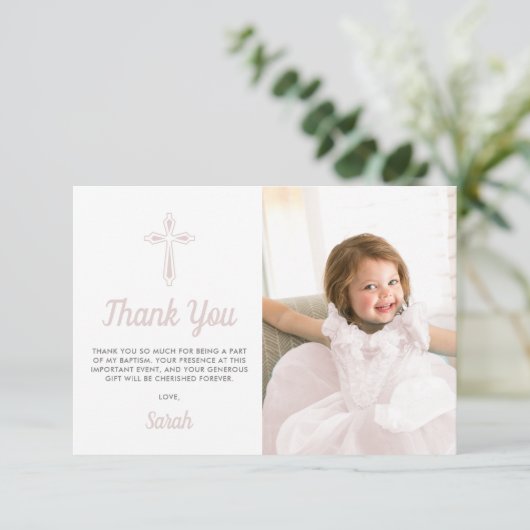 Taufe Christening Religious Pink Girl Foto Dankeskarte (Stehend Vorderseite)