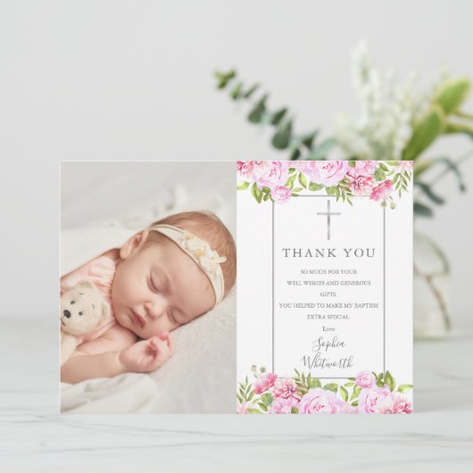 Taufe Christening Rose Blumenkohl Foto Dankeskarte (Stehend Vorderseite)