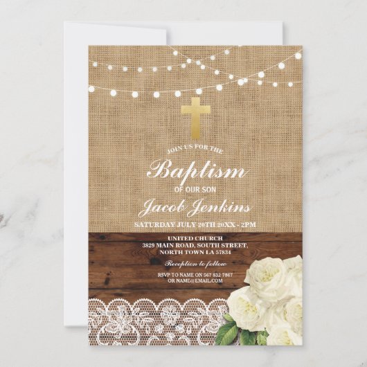 Taufe Christening Rose Burlap Wood Lace Einladung (Vorderseite)