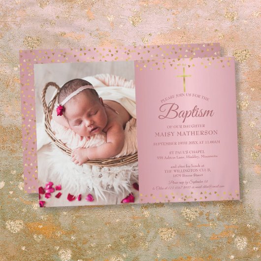 Taufe Christening Rose Gold Hearts Foto Einladung