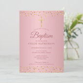 Taufe Christening Rose Goldene Herzen Einladung (Stehend Vorderseite)