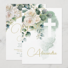 Taufe Christening Rose Grünes Religiöses Kreuz Einladung