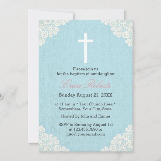 Taufe Christening Vintag Lace Elegante Linen Einladung (Vorderseite)