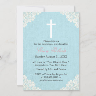 Taufe Christening Vintage-Spitze Elegante Leinen Einladung