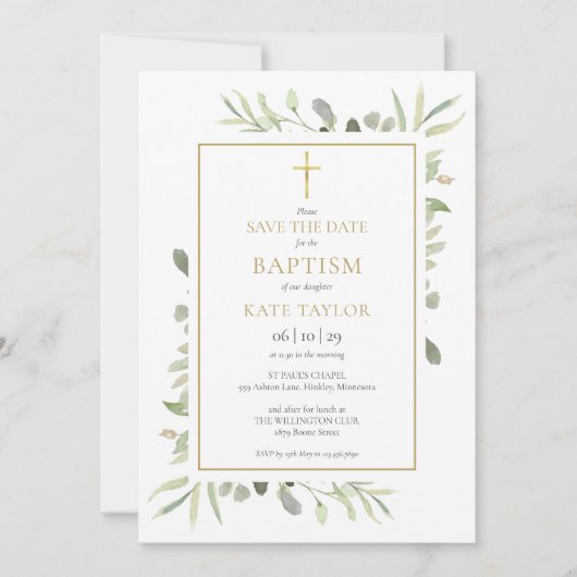 Taufe Christening Watercolor Greenerie Save The Date (Vorderseite)