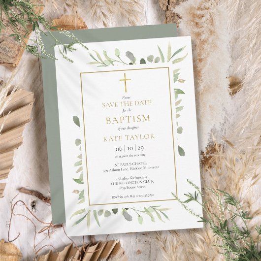 Taufe Christening Watercolor Greenerie Save The Date