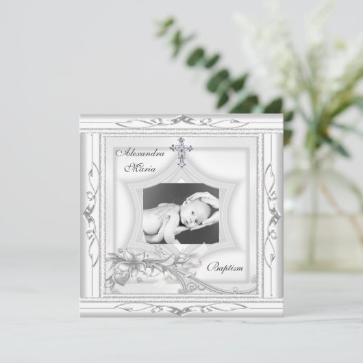 Taufe Christening White Star Foto Cross Bow Einladung (Stehend Vorderseite)
