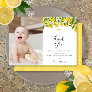 Taufe Christening Zitronen Goldkreuz Foto Dankeskarte