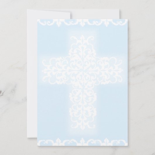 Taufe Christlich Cross Blue Damask Junge Einladung (Rückseite)