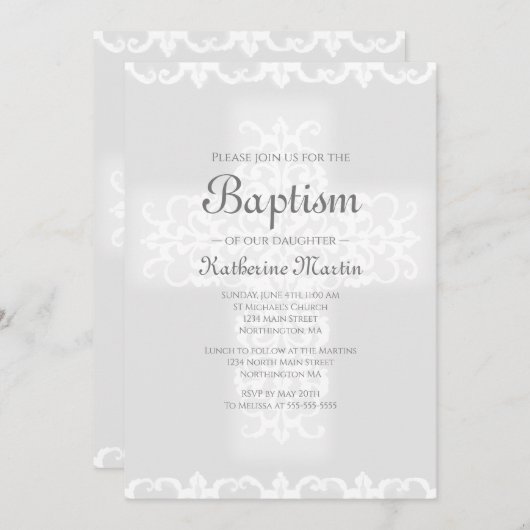 Taufe Christlich Cross Gray Damask Girl Einladung (Vorne/Hinten)