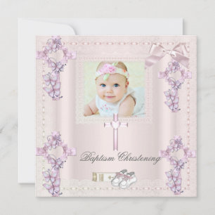 Taufe Cream Pink Cross Girl Foto taufen Einladung