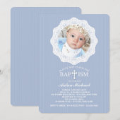Taufe Cross Blue Foto Einladung (Vorne/Hinten)