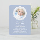 Taufe Cross Blue Foto Einladung (Stehend Vorderseite)