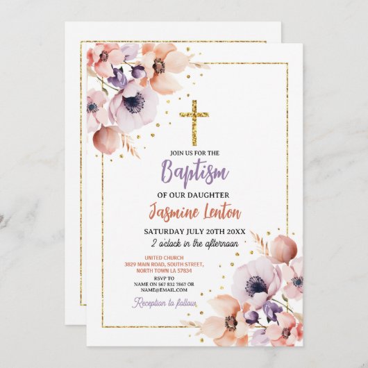 Taufe Cross Christening Blume Lila Gold Einladung (Vorne/Hinten)