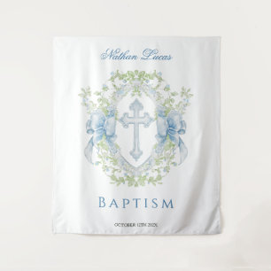 Taufe Cross Wappen Greenery Baby Boy Wandteppich