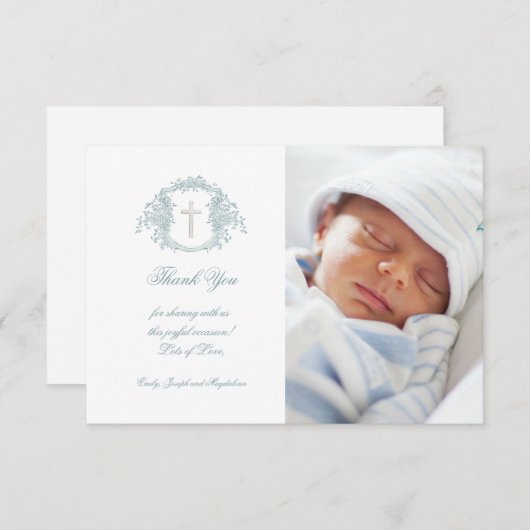 Taufe danke blauen blühenden Wappen Einladung (Vorne/Hinten)