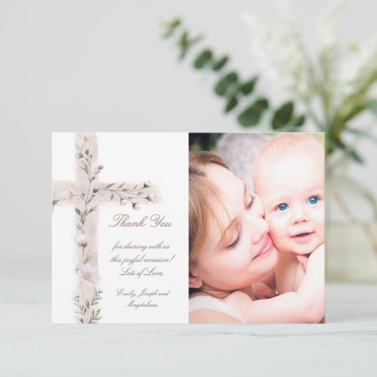 Taufe danke Blumenkreuz Einladung (Stehend Vorderseite)