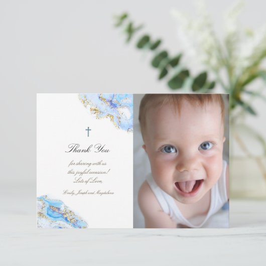 Taufe danke dir blaues Tuschmarmor Einladung (Stehend Vorderseite)