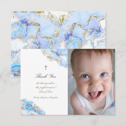 Taufe danke dir blaues Tuschmarmor Einladung (Vorne/Hinten)