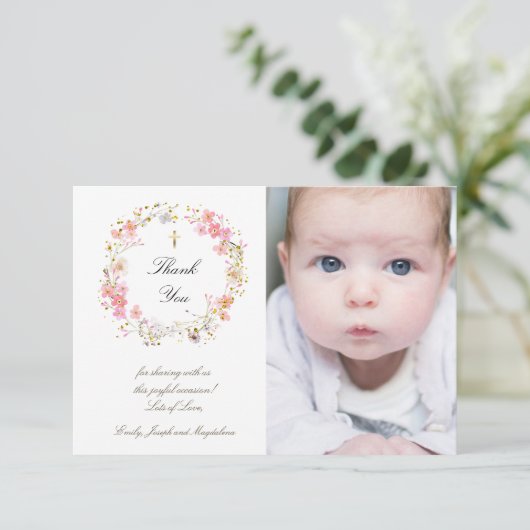 Taufe danke dir rosa Blume Einladung (Stehend Vorderseite)