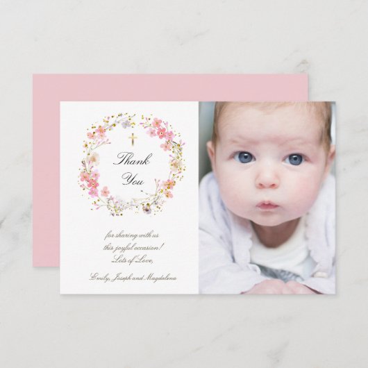 Taufe danke dir rosa Blume Einladung (Vorne/Hinten)