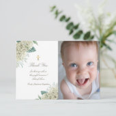 Taufe danken Ihnen weißen Hydrangea-Blume Einladung (Stehend Vorderseite)