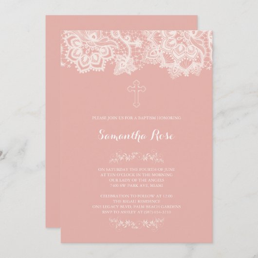 Taufe der Mädchen Einladung Pink Lace (Vorne/Hinten)