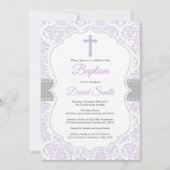 Taufe der Mädchen Lila und Graue Damask Einladung (Vorderseite)