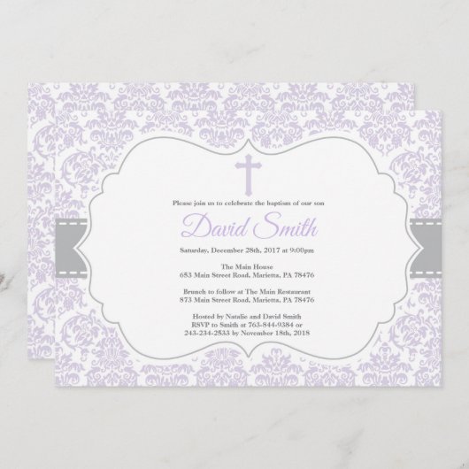 Taufe der Mädchen Lila und Graue Damask Einladung (Vorne/Hinten)