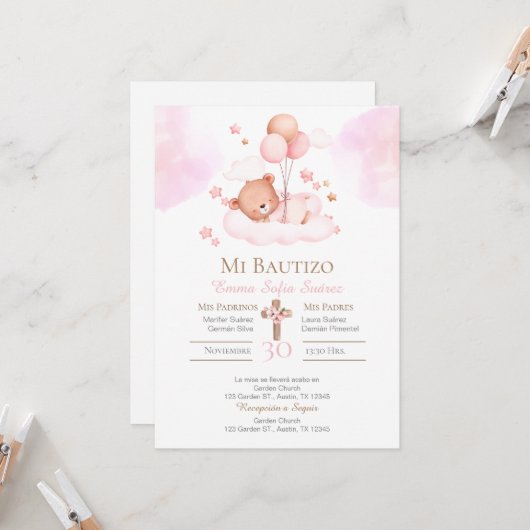 Taufe der Mädchen mit einem rosa Bär und Ballons Einladung (Vorderseite/Rückseite Beispiel)